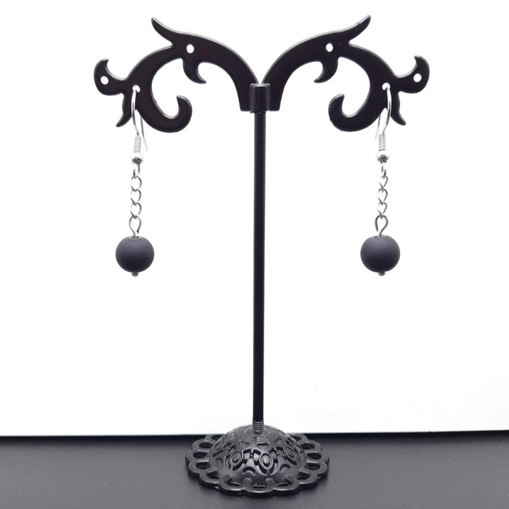 Matte Black Minimalist Dangle Drop Goth Beaded Chain Earrings Handmade Jewelry - Picture 4 of 7